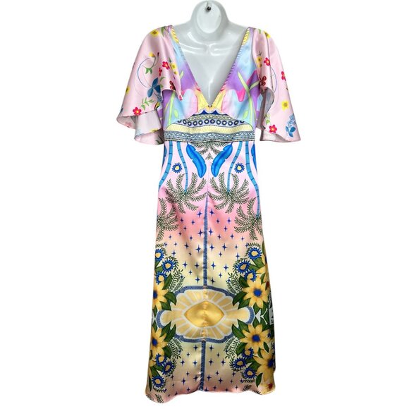 NWT Oceanus Camille Satin Midi Dress Colorful Tropical Floral Small - Picture 11 of 16